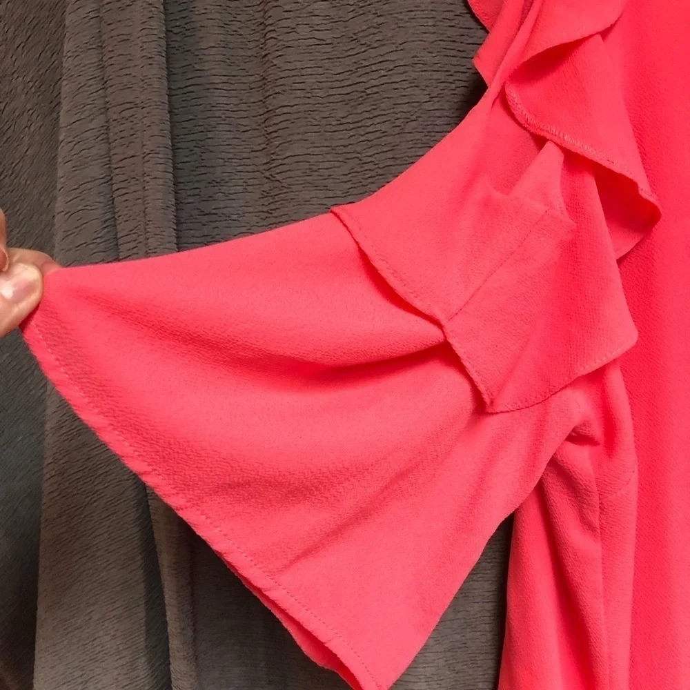 Umgee 1XL coral pink cold shoulder dress with bell sleeves zipper back